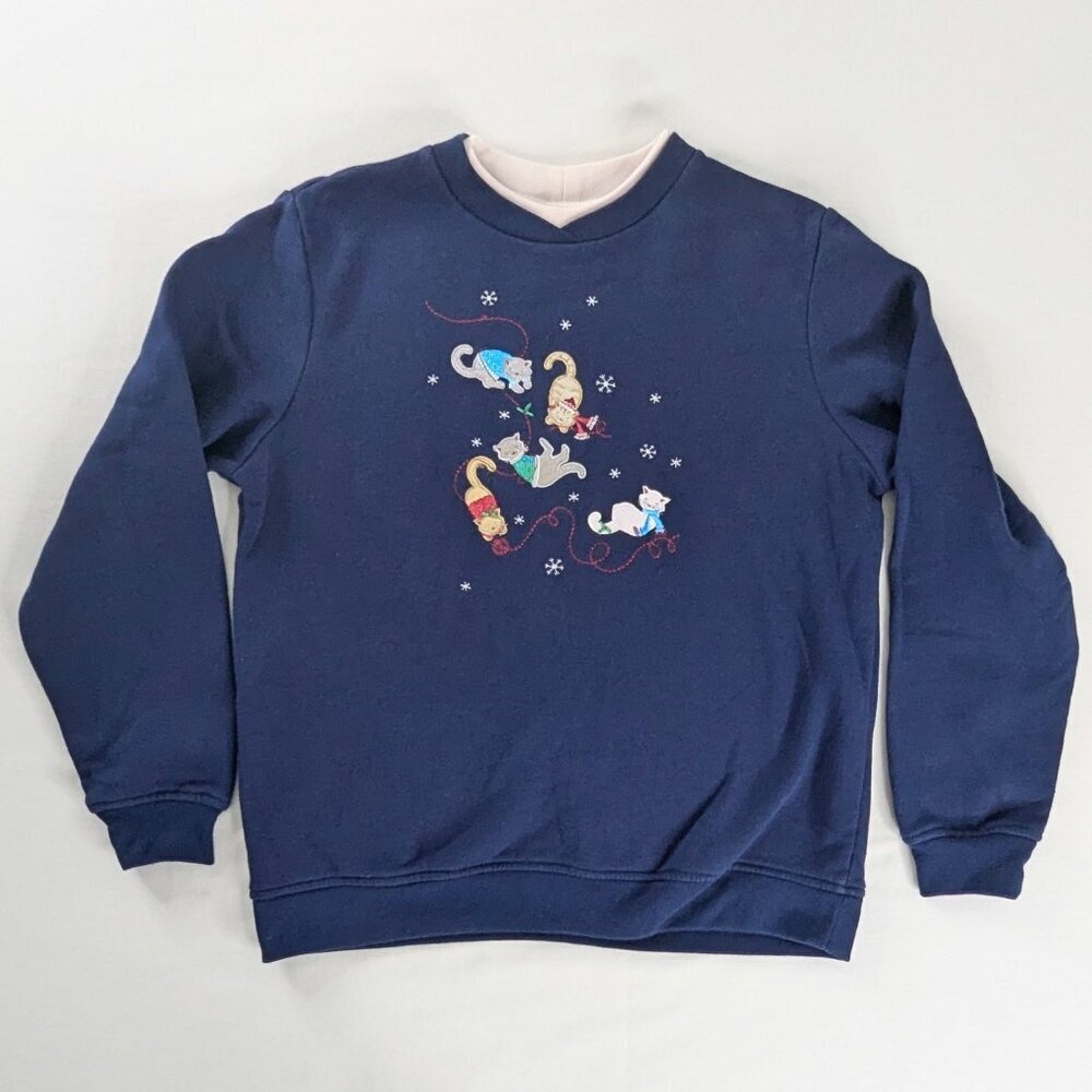 VTG Blue White Embroidered Cats and Yarn Winter Snow Holiday Crewneck Sweatshirt
